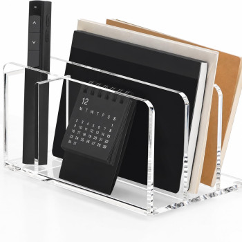 Acrylic Mail Organizer, 3 Compartments Clear File Holder for Desk, Letter Sorter with Pen Holder, Countertop Document Sorter for Notebooks, Bills and Eyeshadow Palettes