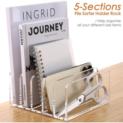 Acrylic Desk Organizer, 5 Compartments Mail Organizer, Small File Holders Letter Organizer, Clear Office Organization, Multifunction Sorter Envelope Rack for Office, Home, School