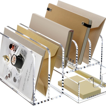 Acrylic Desk Organizer with Sliding Drawer, 5 Upright Sections for Office Supplies, Clear