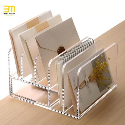 Acrylic Desk Organizer with Sliding Drawer, 5 Upright Sections for Office Supplies, Clear