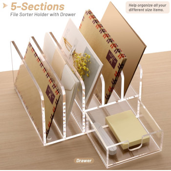 Acrylic Desk Organizer with Sliding Drawer, 5 Upright Sections for Office Supplies, Clear