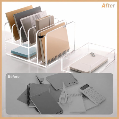 Acrylic Desk Organizer with Sliding Drawer, 5 Upright Sections for Office Supplies, Clear