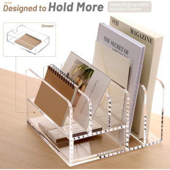 Acrylic Desk Organizer with Sliding Drawer, 5 Upright Sections for Office Supplies, Clear
