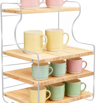 4 Tier Coffee Mug Holder, Curved Acrylic and Wood Desktop Cup Organizer, Solid Shelf for Office Kitchen Coffee Bar Beans Cups Stirrers Books, 36.1 x 20.8 x 24.9 cm