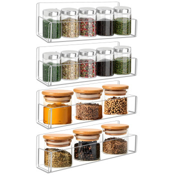 Acrylic Spice Rack Wall Mount, Clear 4 Pack Hanging Spice Shelf Organizer for Kitchen Cabinet Door, Cupboard, or Wall, Scratch-Resistant, Transparent