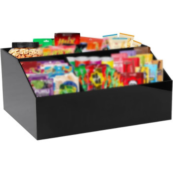 Snack Organizer for Countertop, Black Acrylic Storage Station with 4 Compartments for Kitchen, Pantry, or Office, Snack and Drink Display Bin for Chips, and Bottles, Glossy Finish, Black