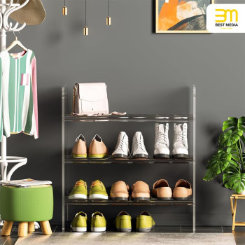3-Tier Acrylic Shoe Rack - Freestanding Minimalist Shoe Organizer, 64W x 30D x 60H cm, Clear, Sturdy Shelf for Entryway, Closet, Living Room, Modern Home Decor