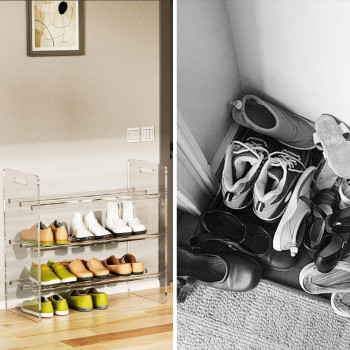 3-Tier Acrylic Shoe Rack - Freestanding Minimalist Shoe Organizer, 64W x 30D x 60H cm, Clear, Sturdy Shelf for Entryway, Closet, Living Room, Modern Home Decor