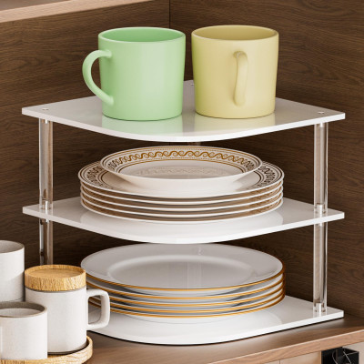 3-Tier Acrylic Corner Plate Organizer Shelf, Rust-Proof Anti-Slip Dish Rack for Kitchen Cabinet Bowl Spice Storage, Space Saving Countertop Bathroom Holder, White