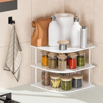 3-Tier Acrylic Corner Plate Organizer Shelf, Rust-Proof Anti-Slip Dish Rack for Kitchen Cabinet Bowl Spice Storage, Space Saving Countertop Bathroom Holder, White