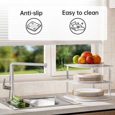 3-Tier Acrylic Corner Plate Organizer Shelf, Rust-Proof Anti-Slip Dish Rack for Kitchen Cabinet Bowl Spice Storage, Space Saving Countertop Bathroom Holder, White