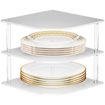 3-Tier Acrylic Corner Plate Organizer Shelf, Rust-Proof Anti-Slip Dish Rack for Kitchen Cabinet Bowl Spice Storage, Space Saving Countertop Bathroom Holder, White