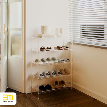 5-Tier Clear Acrylic Shoe Rack, Modern Freestanding Sneaker Storage Shelf for Entryway Closet, Durable Minimalist Heels Display Organizer for Home, 65L x 30W x 92.5H cm