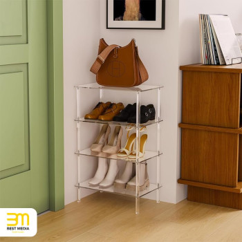 4-Tier Acrylic Shoe Rack, 46L x 30W x 72.4H cm, Clear, Narrow Space-Saving Organizer, Modern Minimalist Vertical Storage Shelf for Front Door, Entryway, and Closet
