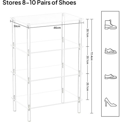 4-Tier Acrylic Shoe Rack, 46L x 30W x 72.4H cm, Clear, Narrow Space-Saving Organizer, Modern Minimalist Vertical Storage Shelf for Front Door, Entryway, and Closet