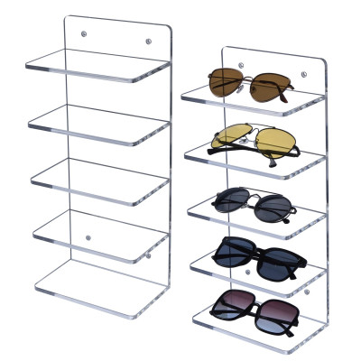 5-Tier Acrylic Sunglasses Holder Rack, Wall Mount or Tabletop Eyewear Display Stand, Retail Glasses Storage Organizer for Home & Store, Set of 2, Clear, 10D x 18W x 40H cm