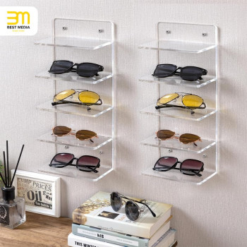 5-Tier Acrylic Sunglasses Holder Rack, Wall Mount or Tabletop Eyewear Display Stand, Retail Glasses Storage Organizer for Home & Store, Set of 2, Clear, 10D x 18W x 40H cm