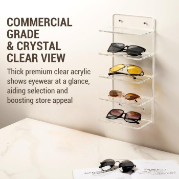 5-Tier Acrylic Sunglasses Holder Rack, Wall Mount or Tabletop Eyewear Display Stand, Retail Glasses Storage Organizer for Home & Store, Set of 2, Clear, 10D x 18W x 40H cm