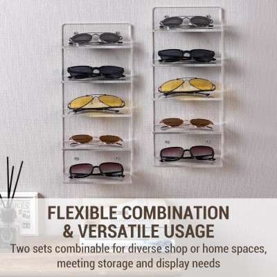 5-Tier Acrylic Sunglasses Holder Rack, Wall Mount or Tabletop Eyewear Display Stand, Retail Glasses Storage Organizer for Home & Store, Set of 2, Clear, 10D x 18W x 40H cm