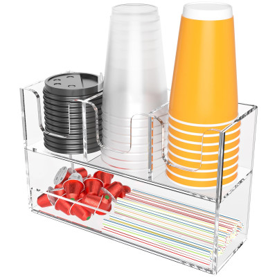 4-Compartment 2-Tier Acrylic Cup Dispenser, Anti-Slip Coffee Station Organizer for Countertop Breakroom Bar, Paper Cup Lids & Condiment Storage Holder, Clear