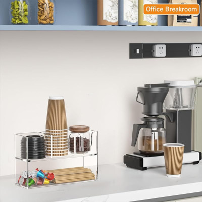 4-Compartment 2-Tier Acrylic Cup Dispenser, Anti-Slip Coffee Station Organizer for Countertop Breakroom Bar, Paper Cup Lids & Condiment Storage Holder, Clear