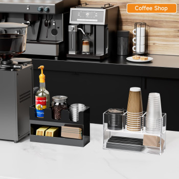 4-Compartment 2-Tier Acrylic Cup Dispenser, Anti-Slip Coffee Station Organizer for Countertop Breakroom Bar, Paper Cup Lids & Condiment Storage Holder, Clear