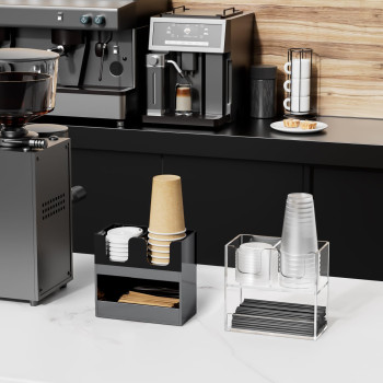 3-Compartment 2-Tier Acrylic Cup Dispenser, Anti-Slip Coffee Station Organizer for Countertop Breakroom Bar, Paper Cup Lids & Condiment Storage Holder, Black