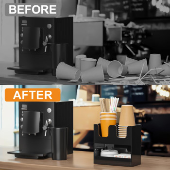 3-Compartment 2-Tier Acrylic Cup Dispenser, Anti-Slip Coffee Station Organizer for Countertop Breakroom Bar, Paper Cup Lids & Condiment Storage Holder, Black