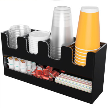 5-Compartment 2-Tier Acrylic Cup Dispenser, Anti-Slip Coffee Station Organizer for Countertop Breakroom Bar, Paper Cup Lids & Condiment Storage Holder, Black
