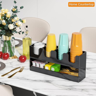 5-Compartment 2-Tier Acrylic Cup Dispenser, Anti-Slip Coffee Station Organizer for Countertop Breakroom Bar, Paper Cup Lids & Condiment Storage Holder, Black