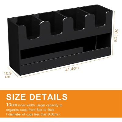 5-Compartment 2-Tier Acrylic Cup Dispenser, Anti-Slip Coffee Station Organizer for Countertop Breakroom Bar, Paper Cup Lids & Condiment Storage Holder, Black