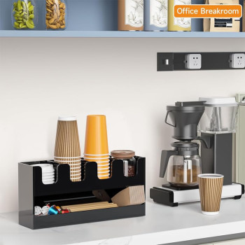 5-Compartment 2-Tier Acrylic Cup Dispenser, Anti-Slip Coffee Station Organizer for Countertop Breakroom Bar, Paper Cup Lids & Condiment Storage Holder, Black