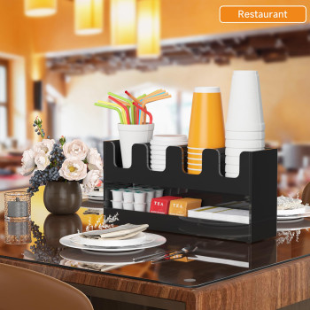 5-Compartment 2-Tier Acrylic Cup Dispenser, Anti-Slip Coffee Station Organizer for Countertop Breakroom Bar, Paper Cup Lids & Condiment Storage Holder, Black