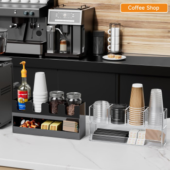 5-Compartment 2-Tier Acrylic Cup Dispenser, Anti-Slip Coffee Station Organizer for Countertop Breakroom Bar, Paper Cup Lids & Condiment Storage Holder, Black