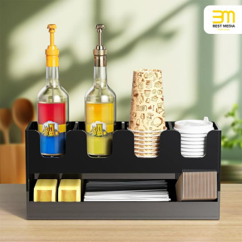 5-Compartment 2-Tier Acrylic Cup Dispenser, Anti-Slip Coffee Station Organizer for Countertop Breakroom Bar, Paper Cup Lids & Condiment Storage Holder, Black