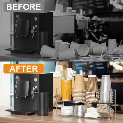 5-Compartment 2-Tier Acrylic Cup Dispenser, Anti-Slip Coffee Station Organizer for Countertop Breakroom Bar, Paper Cup Lids & Condiment Storage Holder, Black