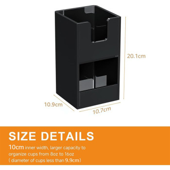 2-Compartment 2-Tier Acrylic Cup Dispenser, Anti-Slip Coffee Station Organizer for Countertop Breakroom Bar, Paper Cup Lids & Condiment Storage Holder, Black