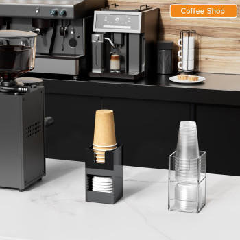 2-Compartment 2-Tier Acrylic Cup Dispenser, Anti-Slip Coffee Station Organizer for Countertop Breakroom Bar, Paper Cup Lids & Condiment Storage Holder, Black