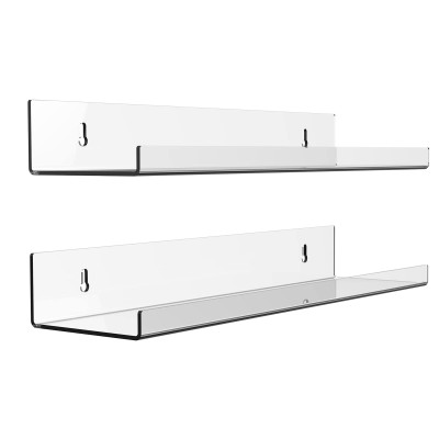 2 Pack No-Drill Acrylic Floating Shelves for Wall, 40 cm Clear Adhesive Display and Storage Racks, Modern Picture Ledge for Bathroom, Bedroom, Living Room, and Office