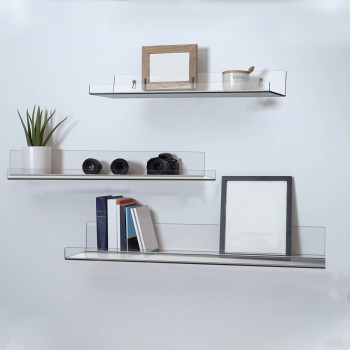2 Pack No-Drill Acrylic Floating Shelves for Wall, 40 cm Clear Adhesive Display and Storage Racks, Modern Picture Ledge for Bathroom, Bedroom, Living Room, and Office