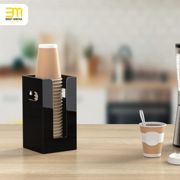 Clear Acrylic Coffee Cup Dispenser with Handles, 4 Compartment Countertop or Wall Mounted Organizer for Hot and Cold Drink Cups and Lids - Black