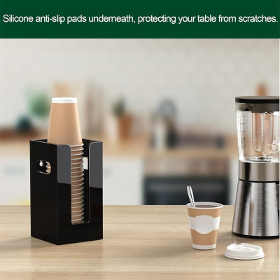 Clear Acrylic Coffee Cup Dispenser with Handles, 4 Compartment Countertop or Wall Mounted Organizer for Hot and Cold Drink Cups and Lids - Black