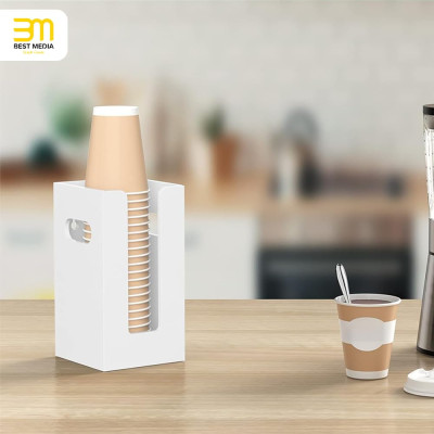 Clear Acrylic Coffee Cup Dispenser with Handles, 1 Compartment Countertop or Wall Mounted Organizer for Hot and Cold Drink Cups and Lids - White