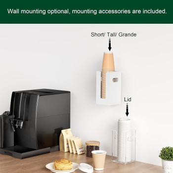 Clear Acrylic Coffee Cup Dispenser with Handles, 4 Compartment Countertop or Wall Mounted Organizer for Hot and Cold Drink Cups and Lids - White