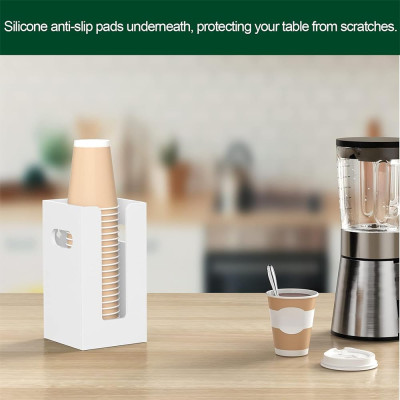 Clear Acrylic Coffee Cup Dispenser with Handles, 4 Compartment Countertop or Wall Mounted Organizer for Hot and Cold Drink Cups and Lids - White