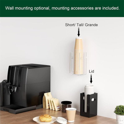 Clear Acrylic Coffee Cup Dispenser with Handles, 3 Compartment Countertop or Wall Mounted Organizer for Hot and Cold Drink Cups and Lids - Transparent