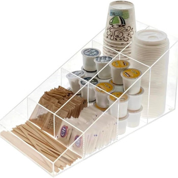 Acrylic Coffee Station Organizer, Clear Breakroom and Kitchen Storage for Cups Lids Sugar Tea Stirrers, 7 Compartments, 37.3 x 20.5 x 19.8 cm, Polished Edges Transparent Design