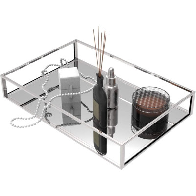 Clear Acrylic Decorative Tray 26 x 14 x 4 cm, Rectangular Mirror-Base Organizer for Perfume Makeup Jewelry and Bathroom Storage, Elegant Counter Display Box for Vanity or Dresser