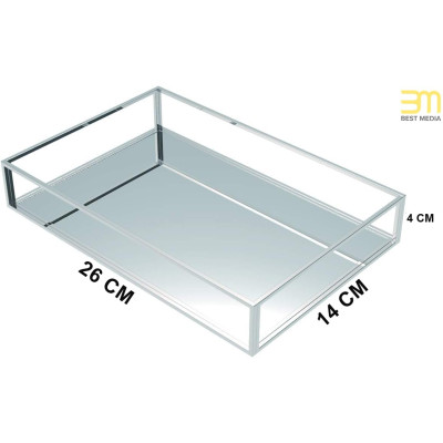 Clear Acrylic Decorative Tray 26 x 14 x 4 cm, Rectangular Mirror-Base Organizer for Perfume Makeup Jewelry and Bathroom Storage, Elegant Counter Display Box for Vanity or Dresser