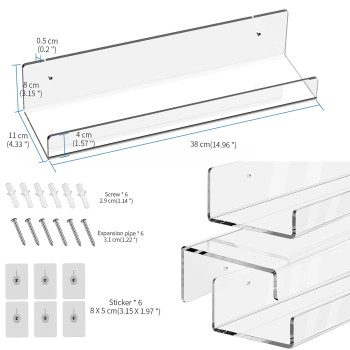 3-Piece Clear Acrylic Floating Wall Shelves Set, 38 x 10.9 x 5.8 cm, Mountable Display Shelf for Bathroom, Kitchen, Toy Storage, Book Organizer, and Living Room